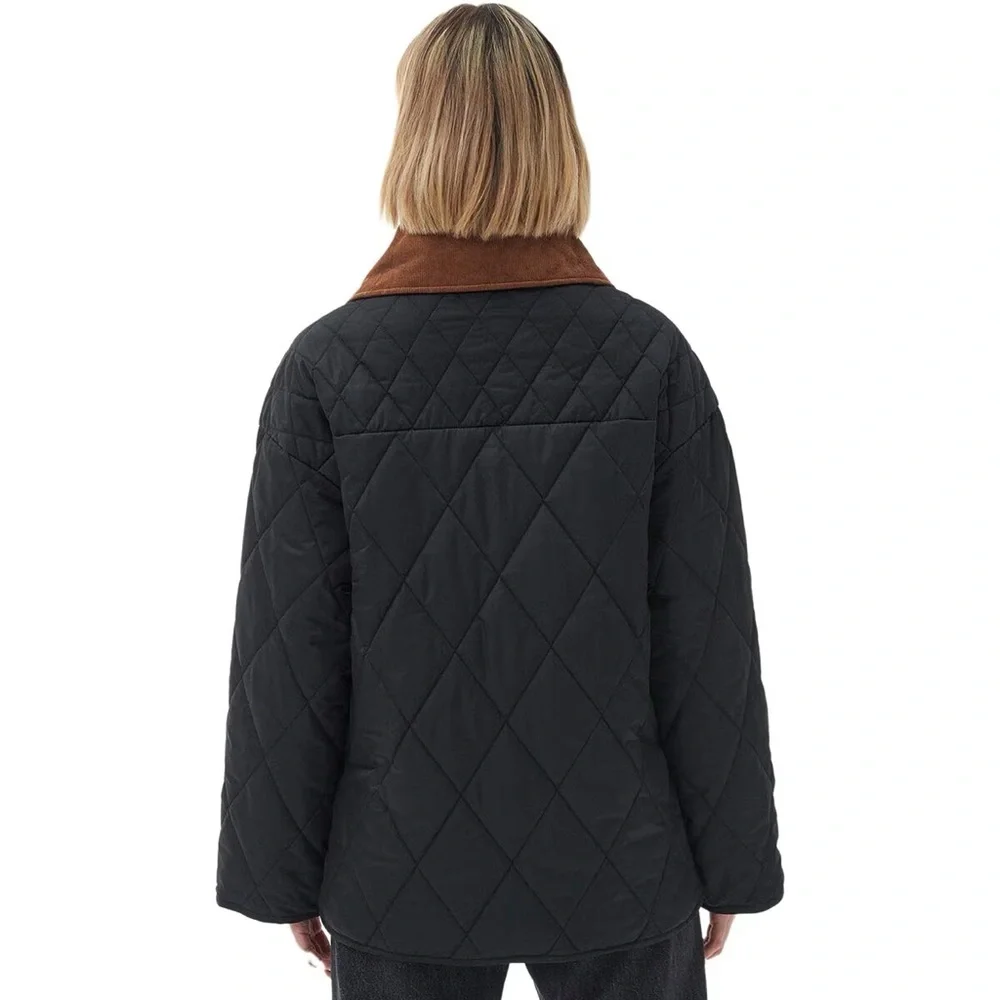 Barbour Black Quilted Puffer Jacket with Brown Cord Collar - Picture 3 of 8